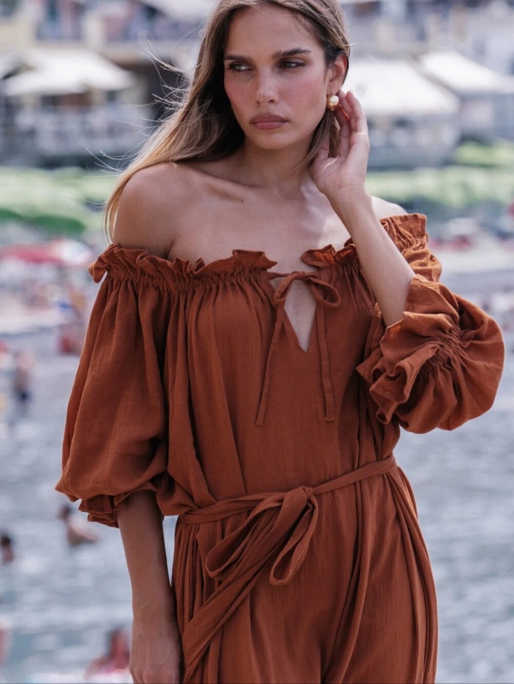 Women's Rust Off-Shoulder Tiered Maxi Dress - Picture 3 of 8